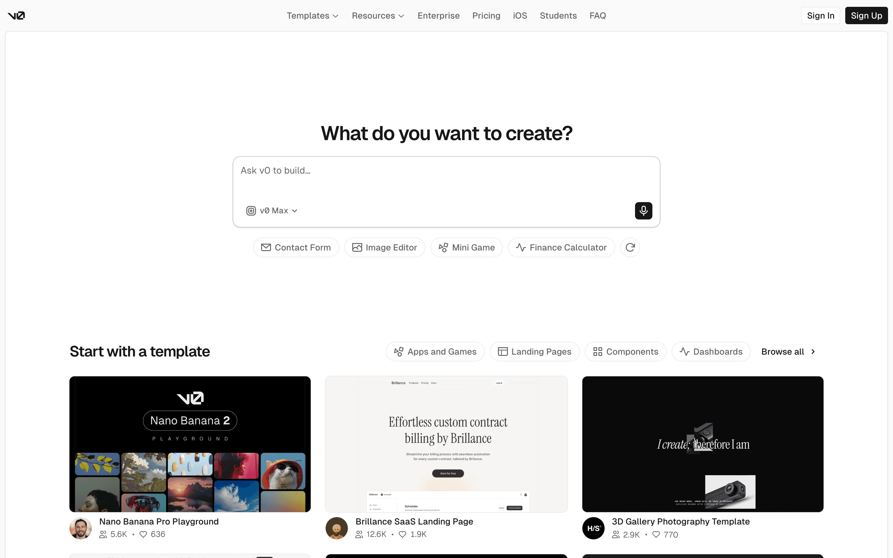 v0 landing page